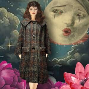 Vintage 1950s Wool Plaid Swing Coat Sz Large Checkered Tweed Mod Fur Lined Warm